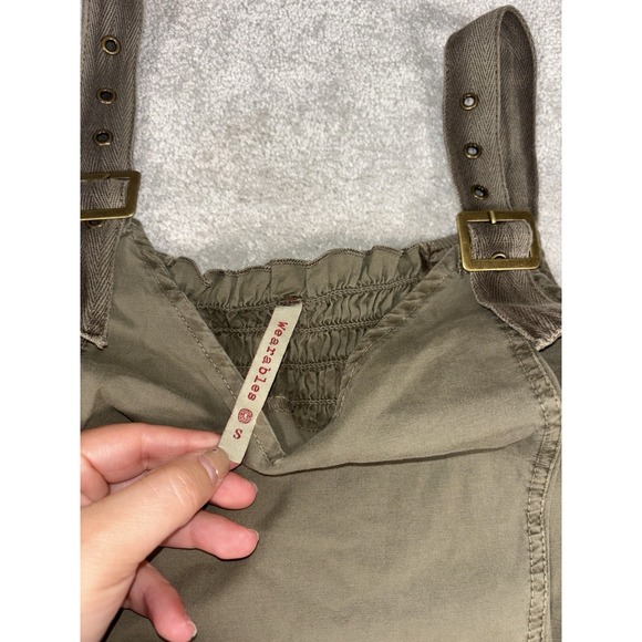 Wearables olive green ruched overall dress pockets utility chic Bubble boho S - Picture 6 of 16